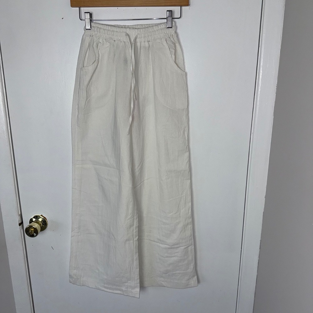 Micas White Wide Leg Pants Elastic Waist Drawstring Casual Trousers Size M